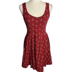 Hot Topic Nautical Skater Dress M Red Anchor Sleeveless Back Cutout Stretch Knit